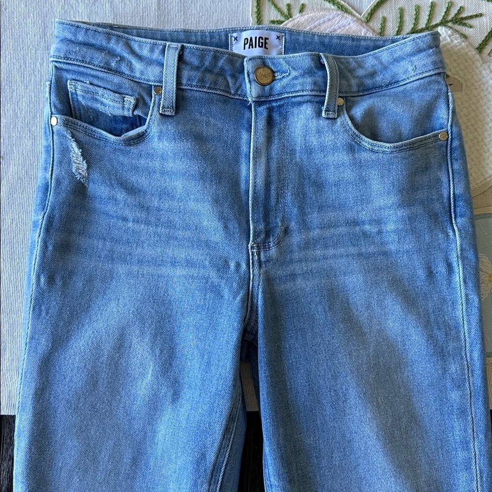 PAIGE Colette Anthropologie Blue Mid-Rise Raw Hem Denim Capri Jeans, Size 28 - Picture 5 of 14